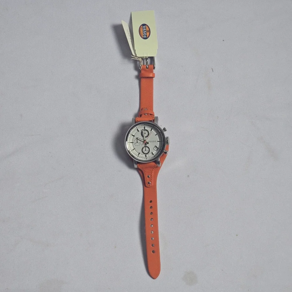 Fossil Del Rey Chronograph Orange Leather Cuff Watch ES3768 Silver Cream Dial